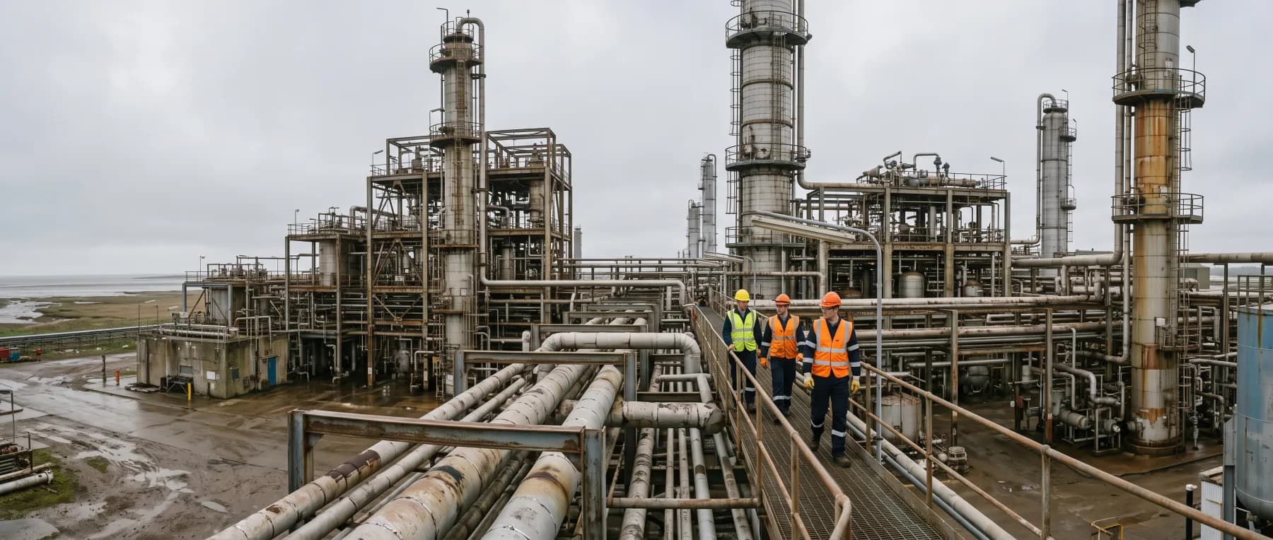 A chemical works of columns and pipework under a grey sky, seen from a pipe bridge with three engineers walking along the walkway