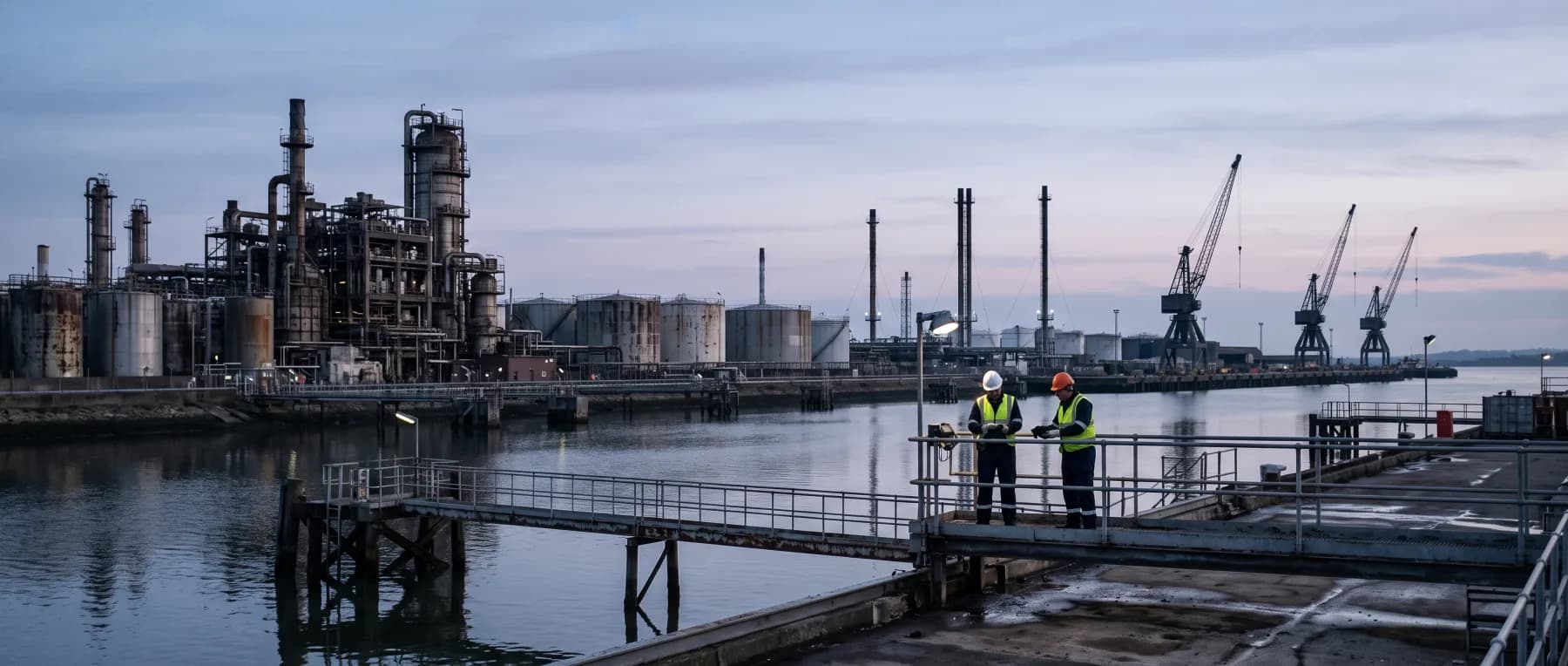 Process plant, storage tanks and dock cranes along an estuary at dawn, two engineers talking on a walkway in the foreground