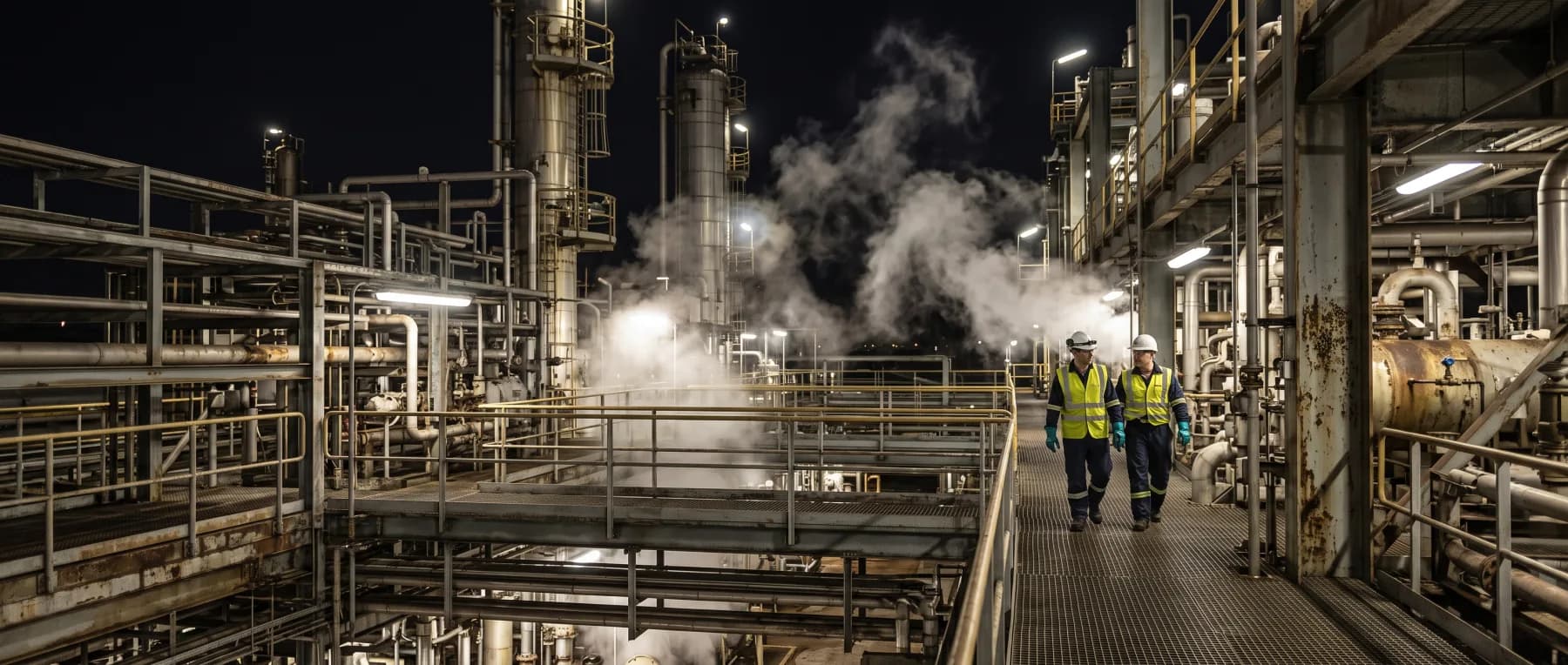 A process plant lit at night, steam venting between the columns and pipework, two engineers walking a grating walkway in the foreground