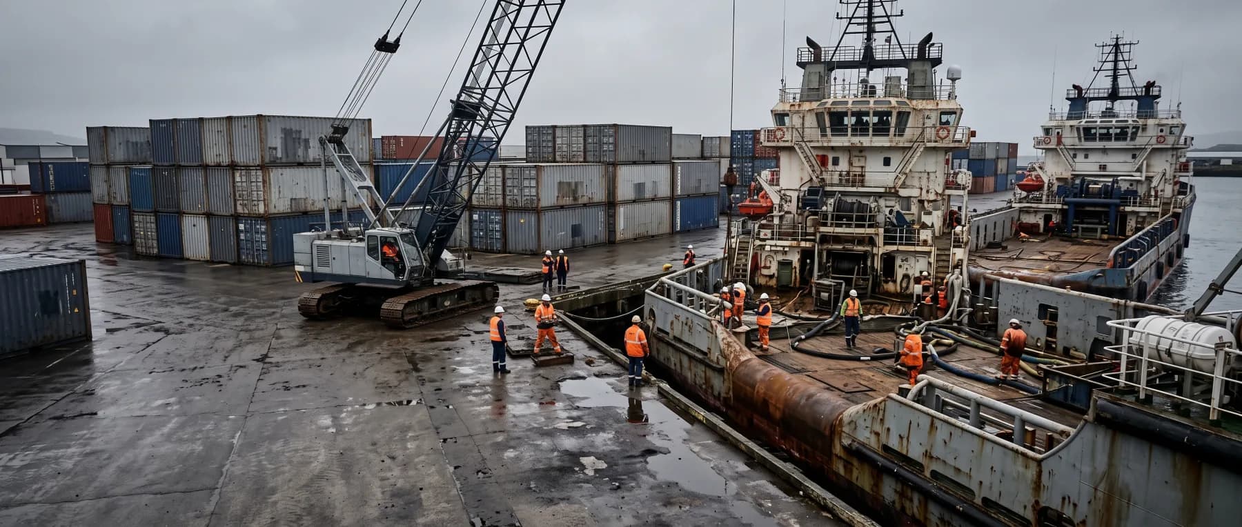 Offshore support vessels alongside a working quay in the rain, a crawler crane and stacked containers on the quayside, deck crew at work