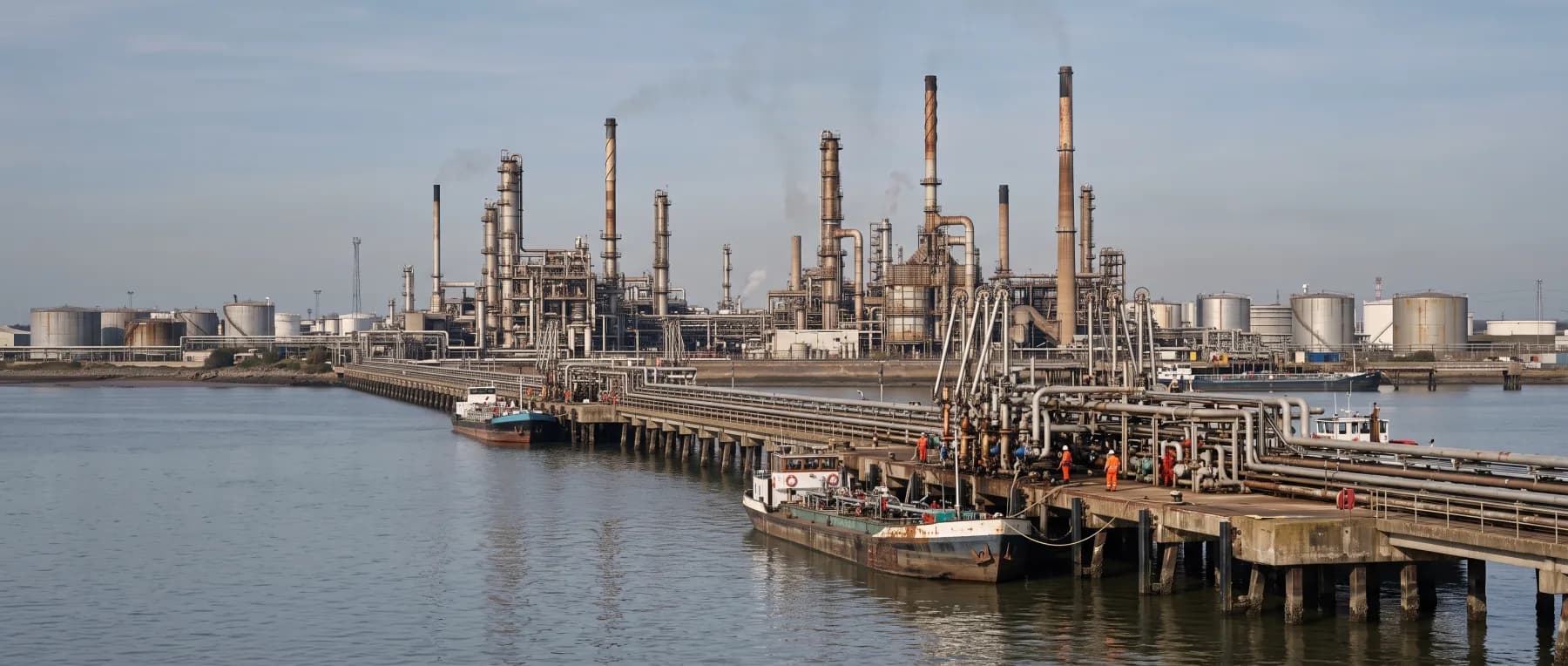 A refinery and storage tanks seen across flat estuary water from a loading jetty, with barges moored alongside