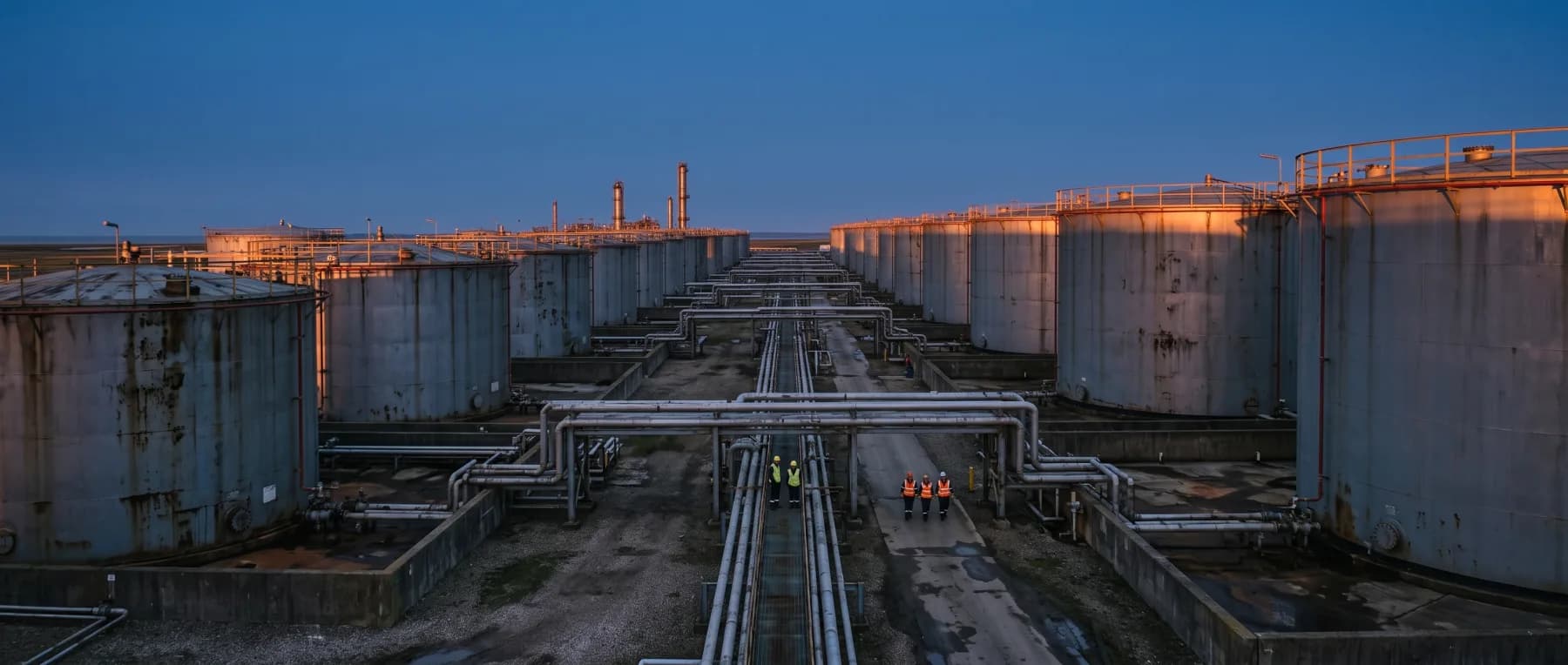 A storage tank farm at dusk photographed down the pipe corridor between the bunds, with workers in high visibility clothing on the roadway