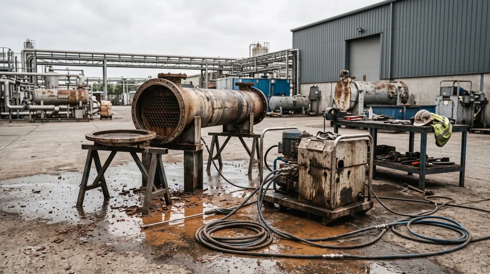 A high pressure water jetting pump and hose set up on a wet yard beside a heat exchanger tube bundle resting on trestles, with process plant behind