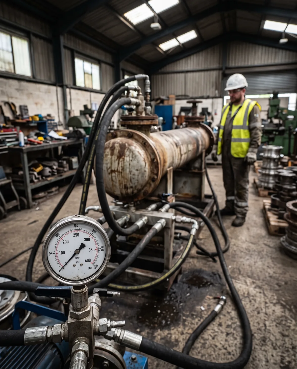A pressure gauge reading in bar in the foreground of a workshop, hoses running back to a shell and tube heat exchanger set up for a hydrostatic test, an engineer standing alongside