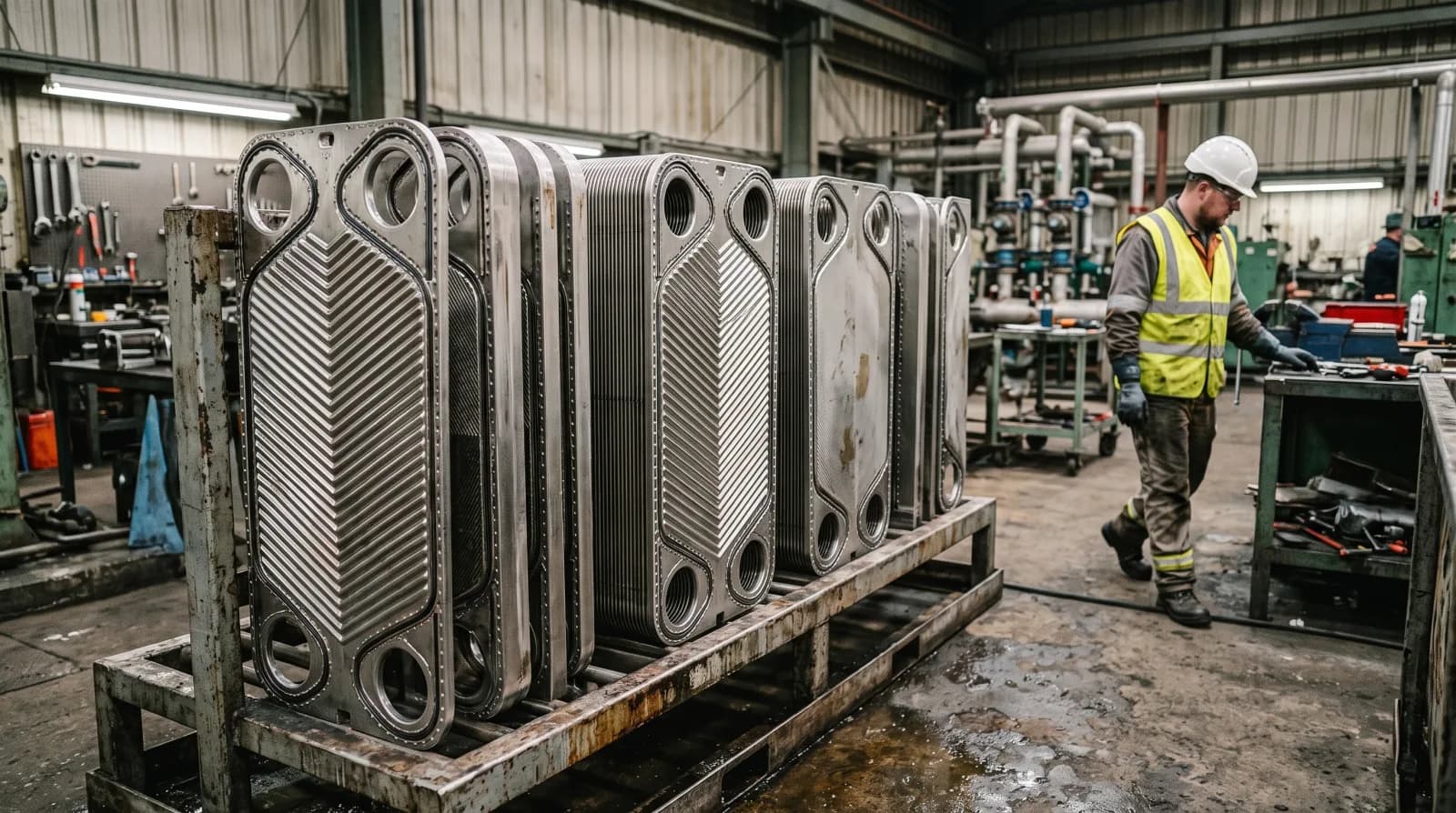 Cleaned heat exchanger plates racked upright on a steel stillage in a workshop, the herringbone pressings bright, an engineer walking past behind