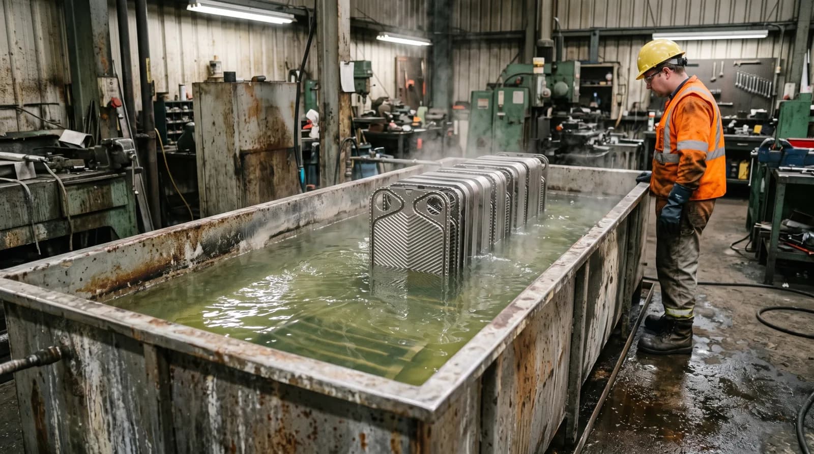 Heat exchanger plates standing in a heated chemical cleaning tank, steam rising from the surface, an operative in overalls at the tank side