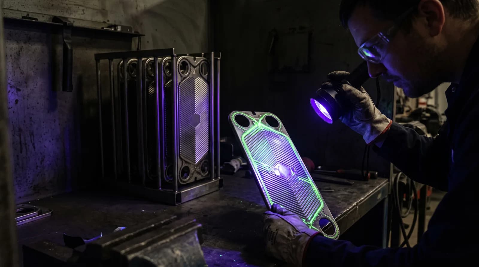 An engineer holding an ultraviolet lamp over a heat exchanger plate in a darkened workshop, dye penetrant glowing green along the gasket groove and across the plate face