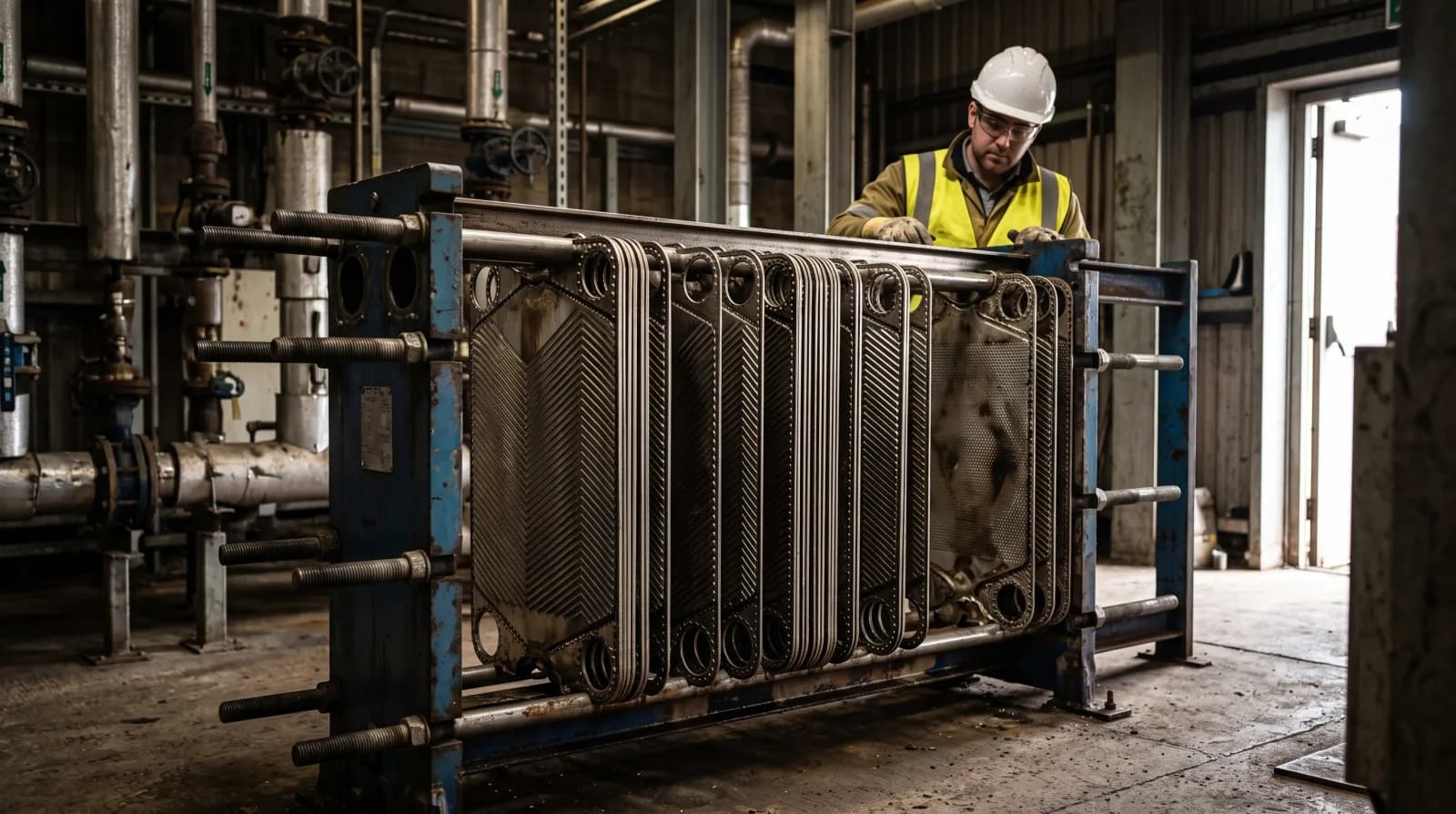 An engineer in a hard hat and high visibility vest working at an opened plate heat exchanger, the plates spread apart along the carrying bar of a blue frame