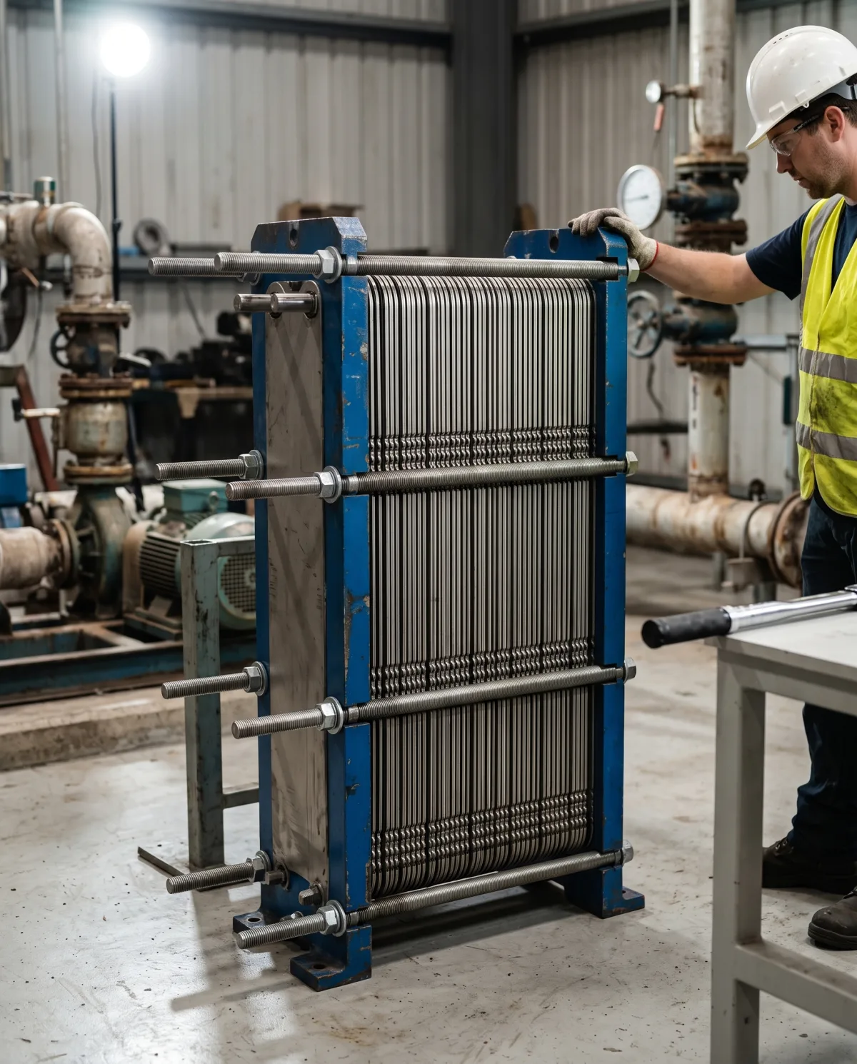 A rebuilt plate pack compressed between the end frames of a blue heat exchanger frame, tie bars either side, an engineer checking the gauge above it