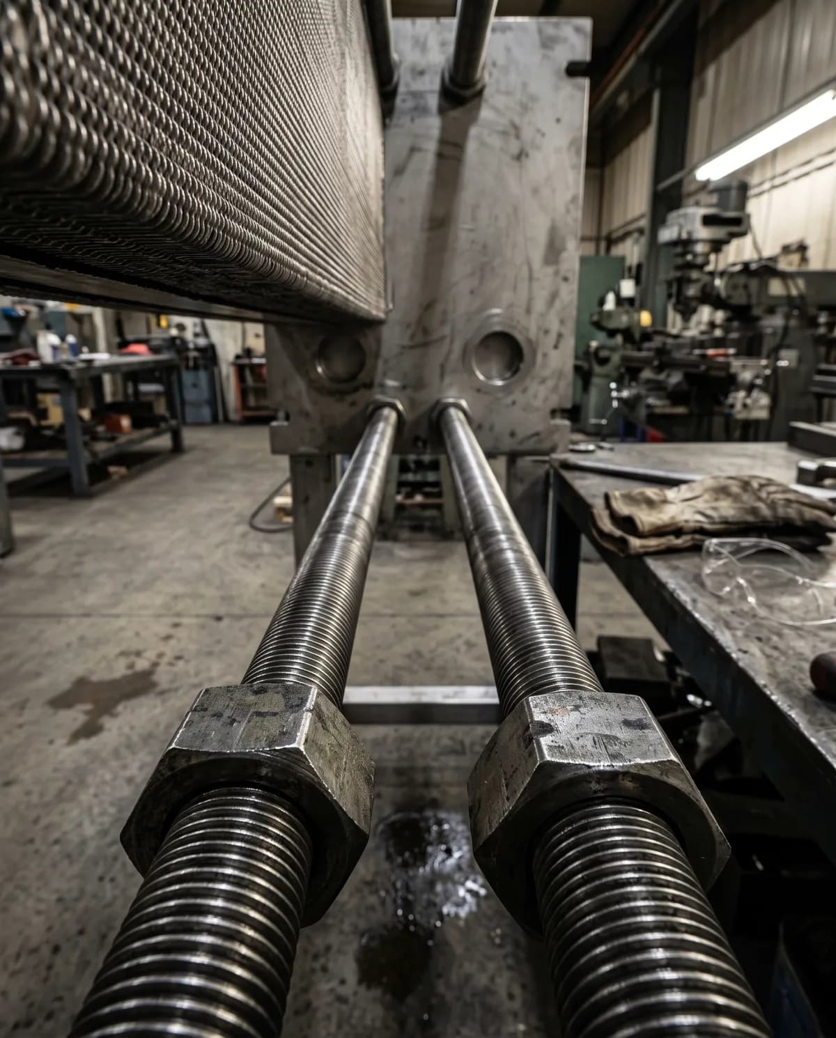 Two threaded tie bars running into the follower plate of a heat exchanger frame, the compressed edge of the plate pack above them in a workshop