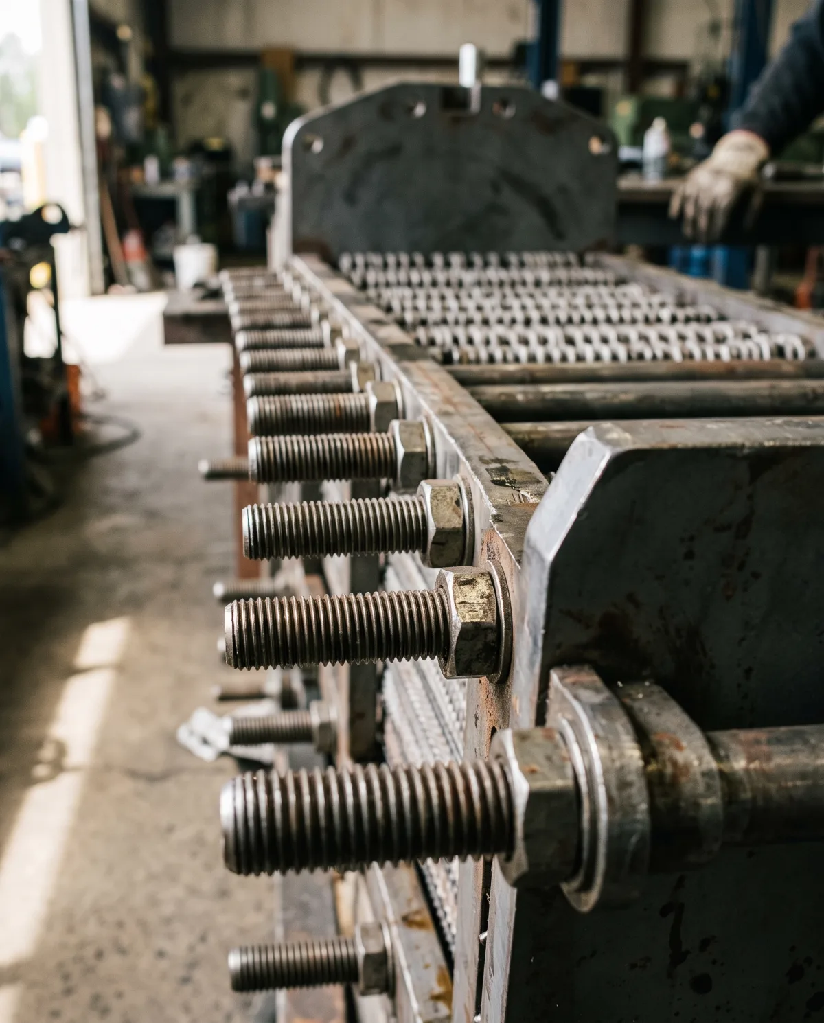 A row of threaded tie bar studs and nuts running along the side of a plate heat exchanger frame, the edge of the plate pack behind them