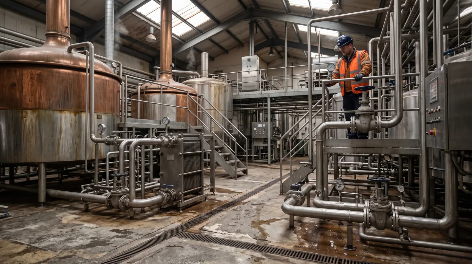 A brewhouse with copper mash and boil vessels, stainless pipework across the floor and a plate heat exchanger in line, an operator working a valve