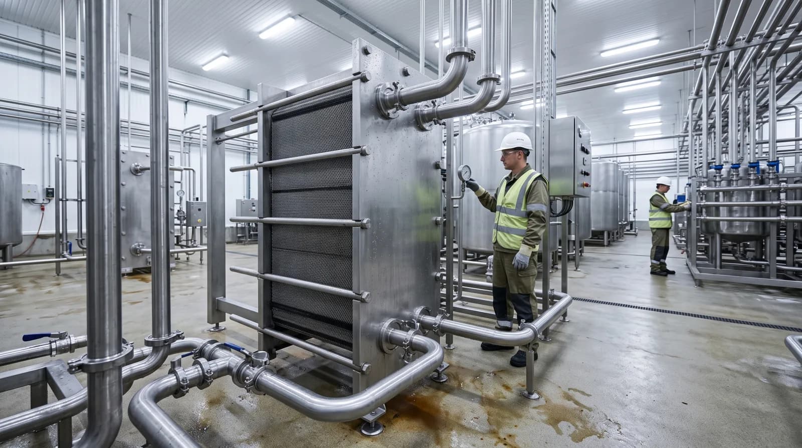A bright hygienic process hall with a large stainless plate heat exchanger and looped pipework, an engineer checking a gauge and a colleague working behind