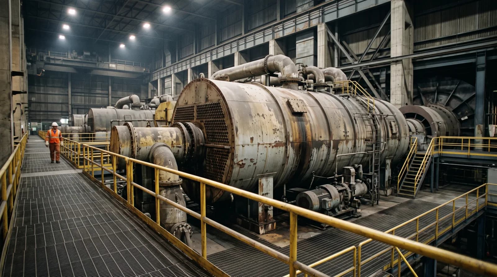 A power station turbine hall with a large horizontal condenser and its tubesheet, yellow handrails and steel grating walkways, an operator in the distance