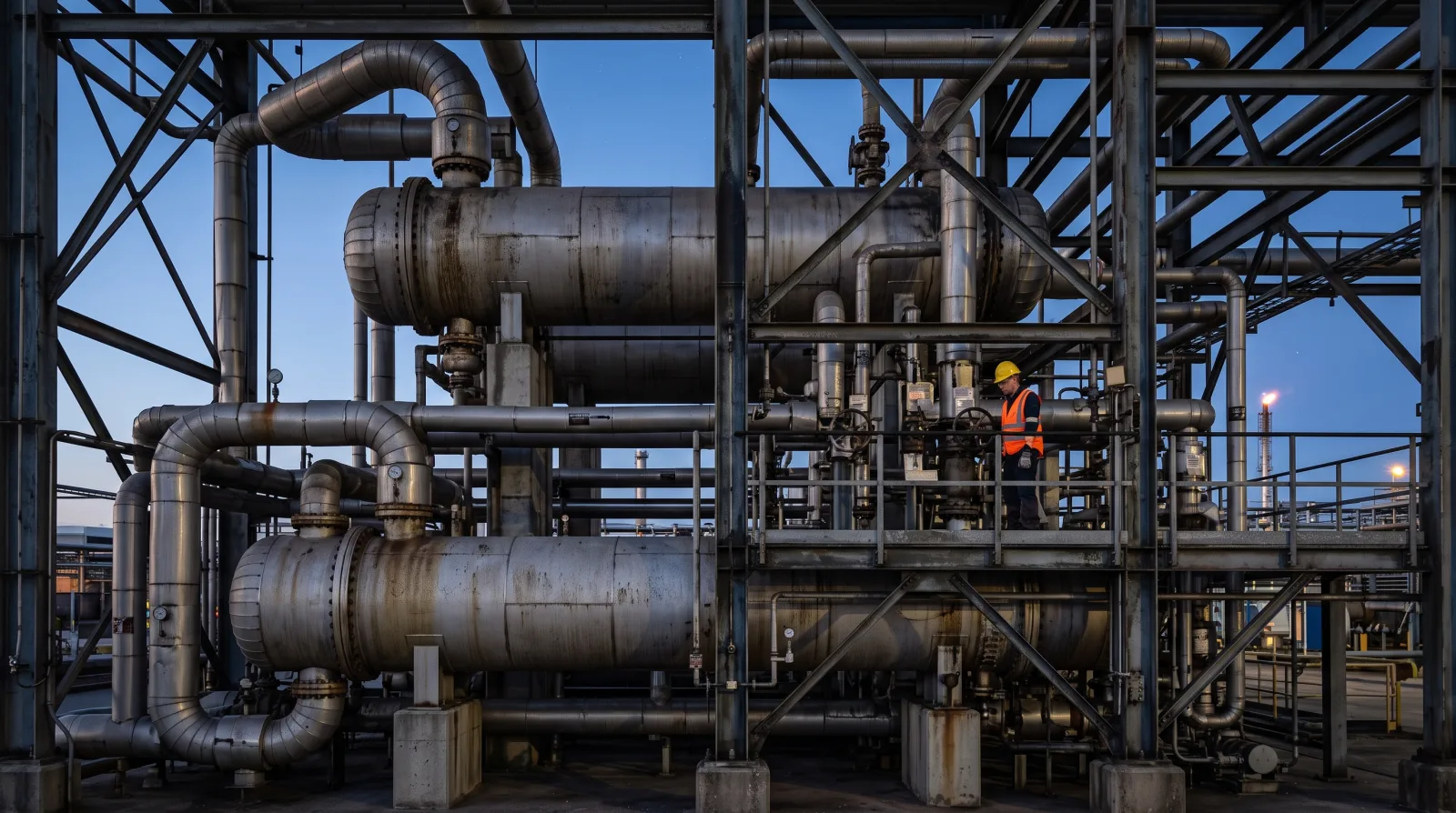 Large shell and tube heat exchangers mounted in a refinery pipe rack against a deep blue evening sky, an engineer on the walkway between them