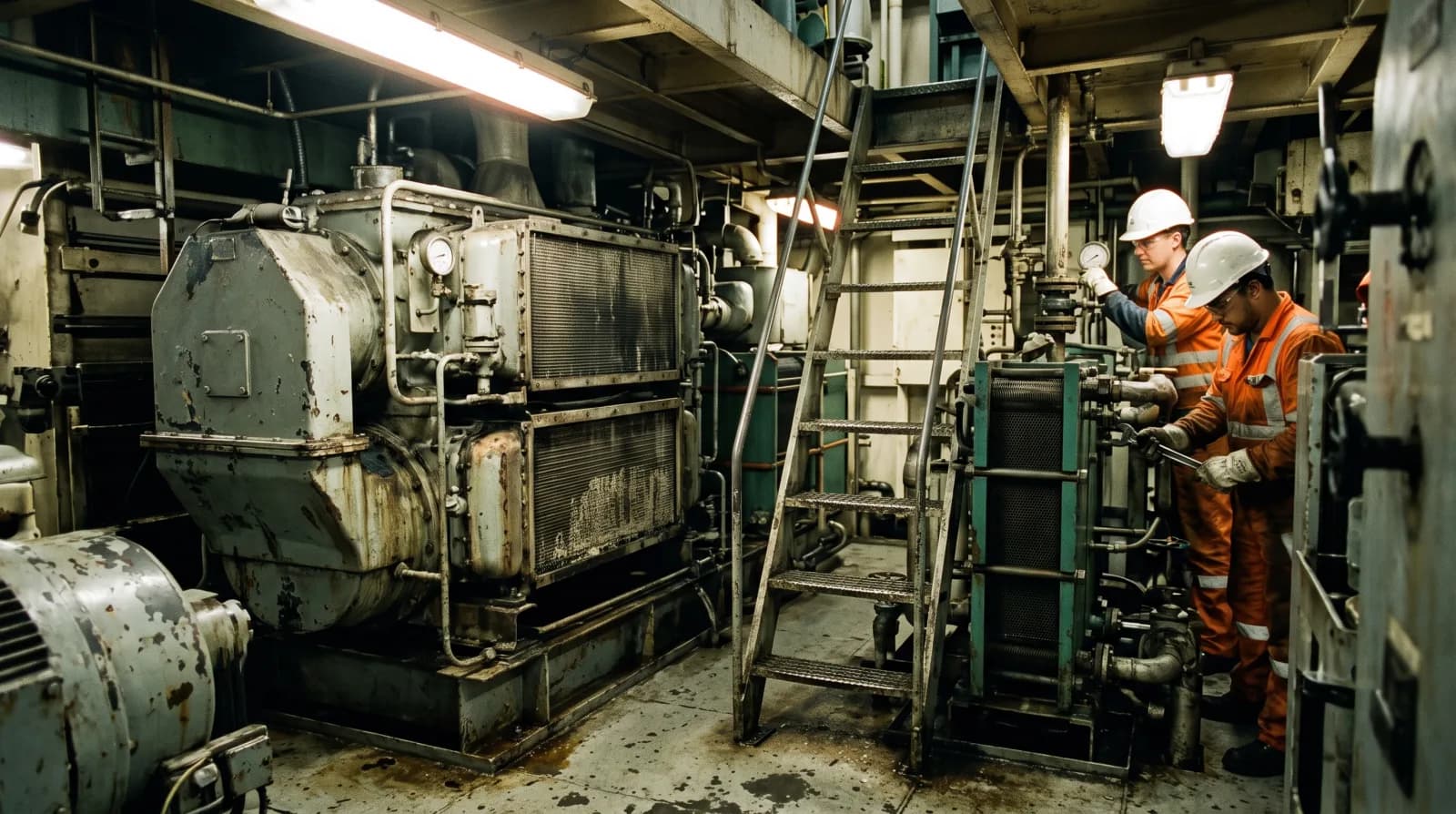 Two engineers in orange overalls working at a plate heat exchanger in a ship's engine room, main engine machinery and a steel ladder alongside