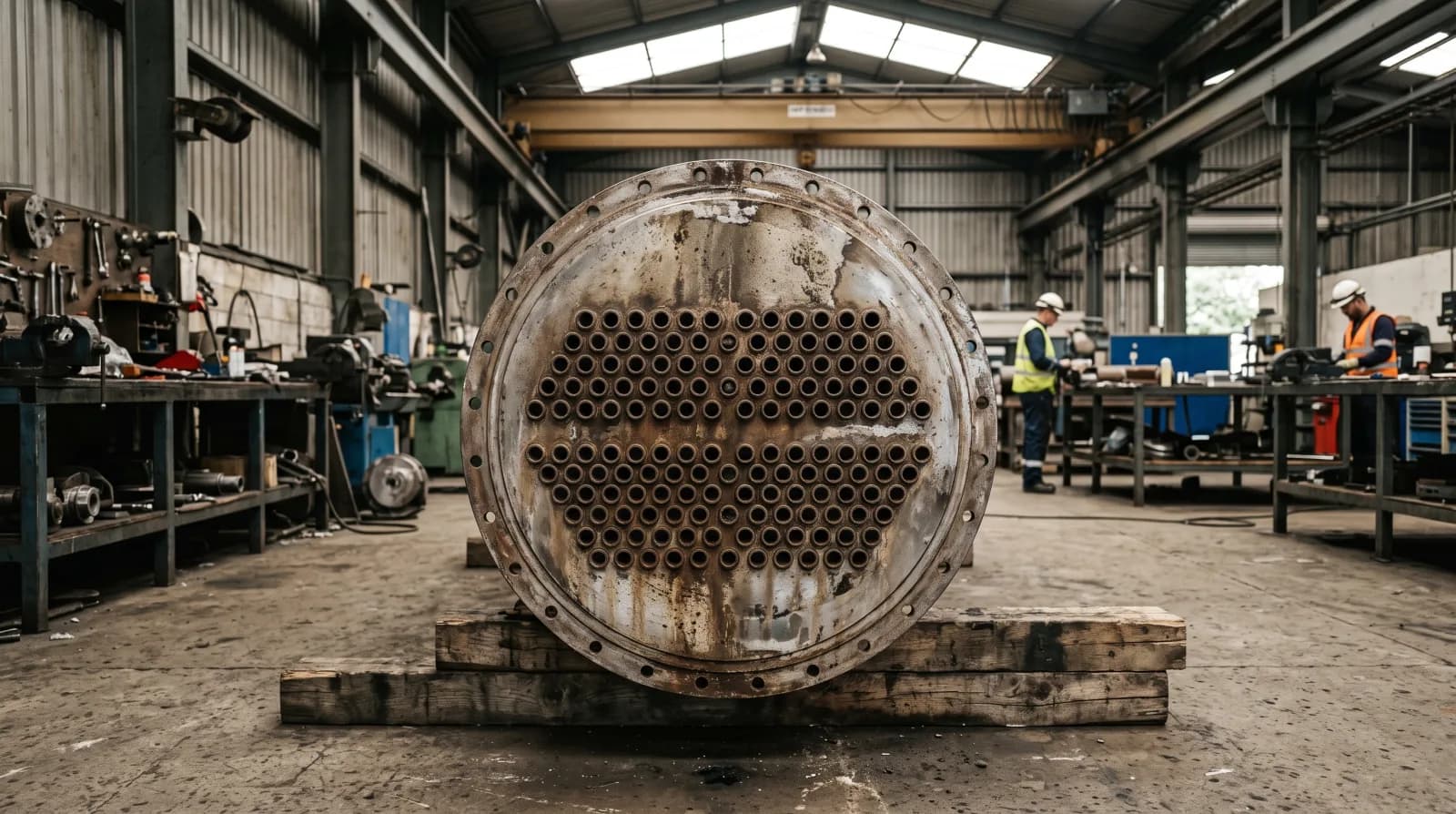 The drilled tubesheet face of a shell and tube heat exchanger stood on timber bearers in a workshop, hundreds of tube ends visible inside the bolted flange