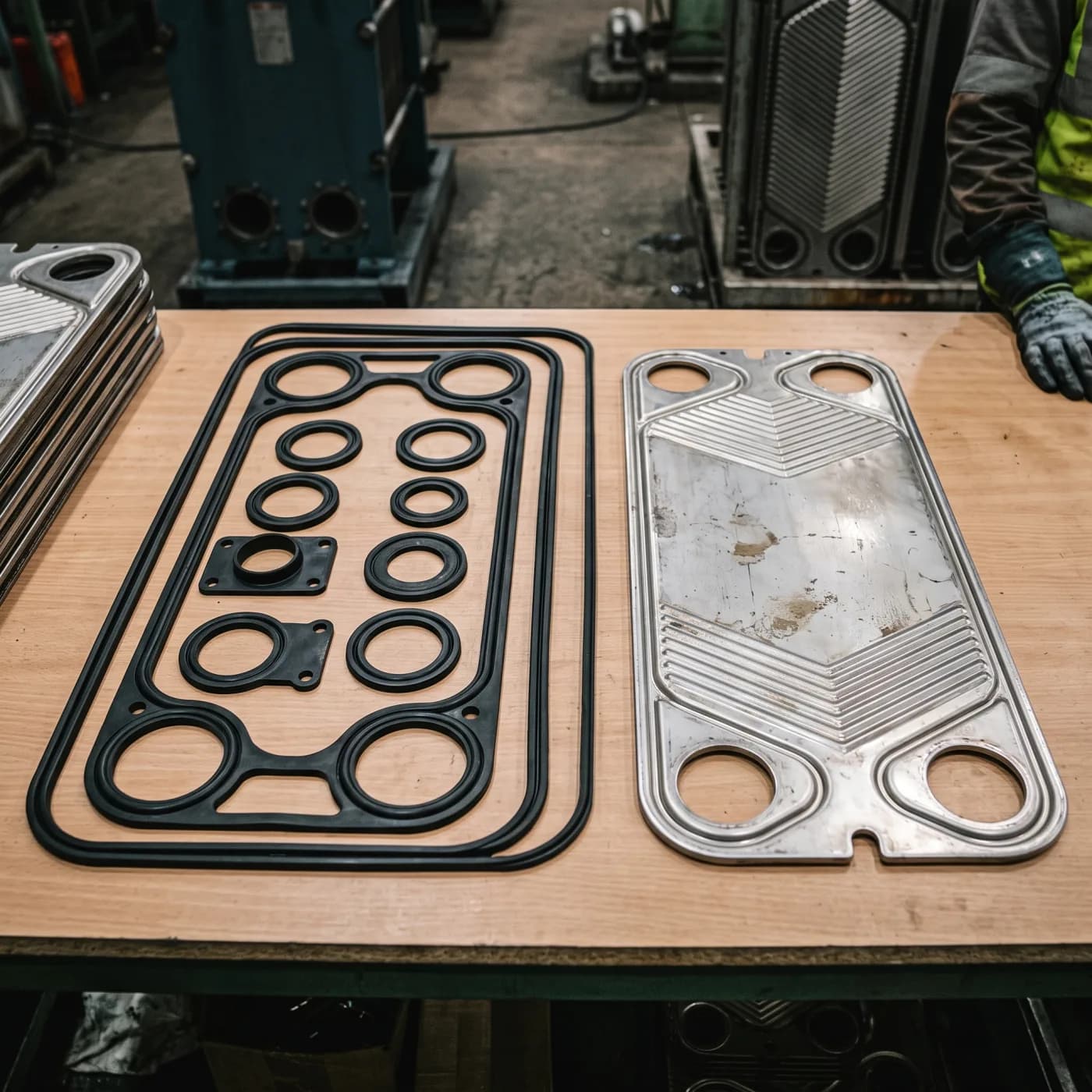 A full set of black elastomer gaskets laid out on a bench beside the stainless steel plate they fit, with more plates stacked behind