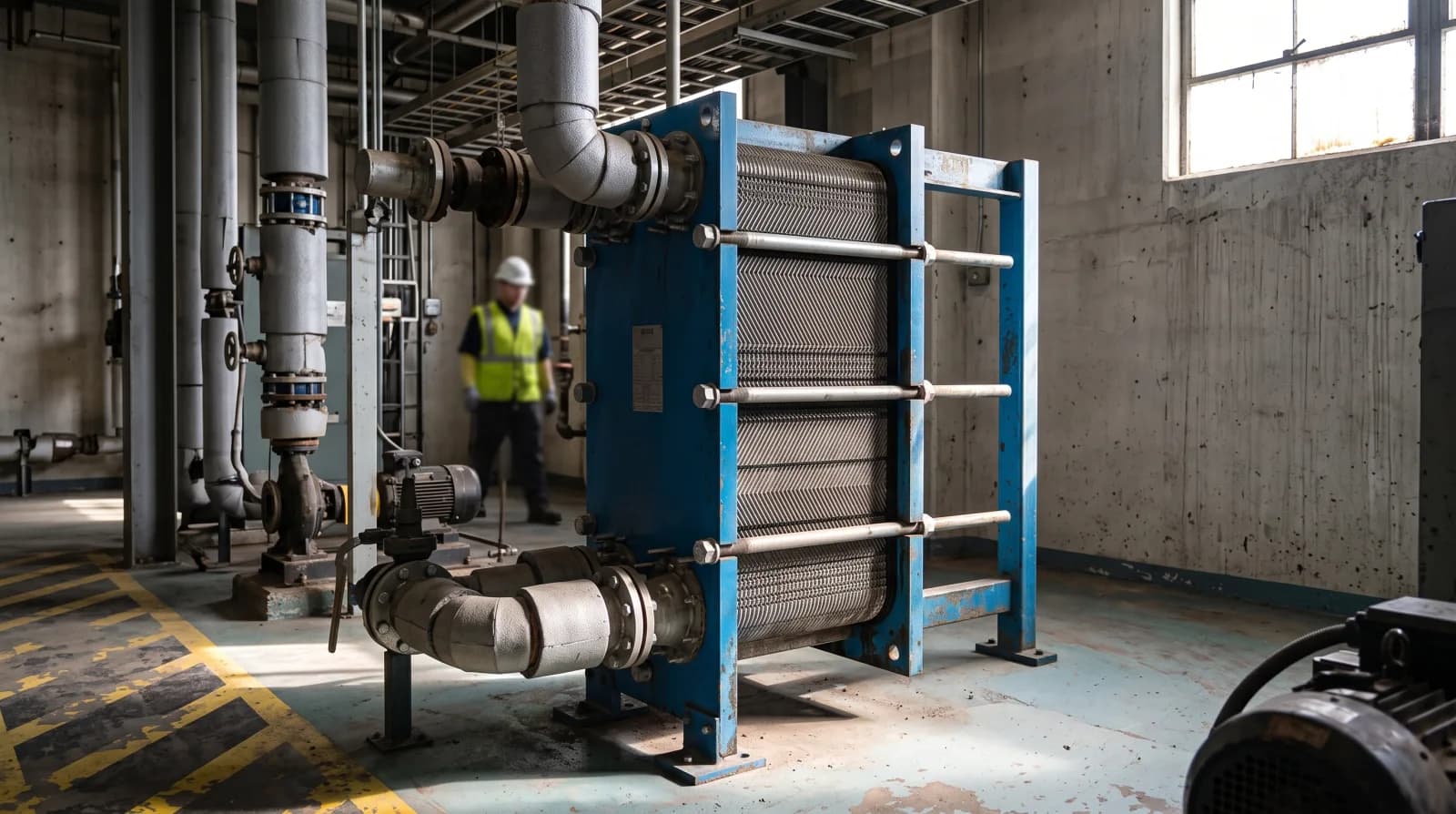 A gasketed plate heat exchanger in a blue frame installed in a concrete plant room, connected to large flanged pipework, with an engineer at work in the background