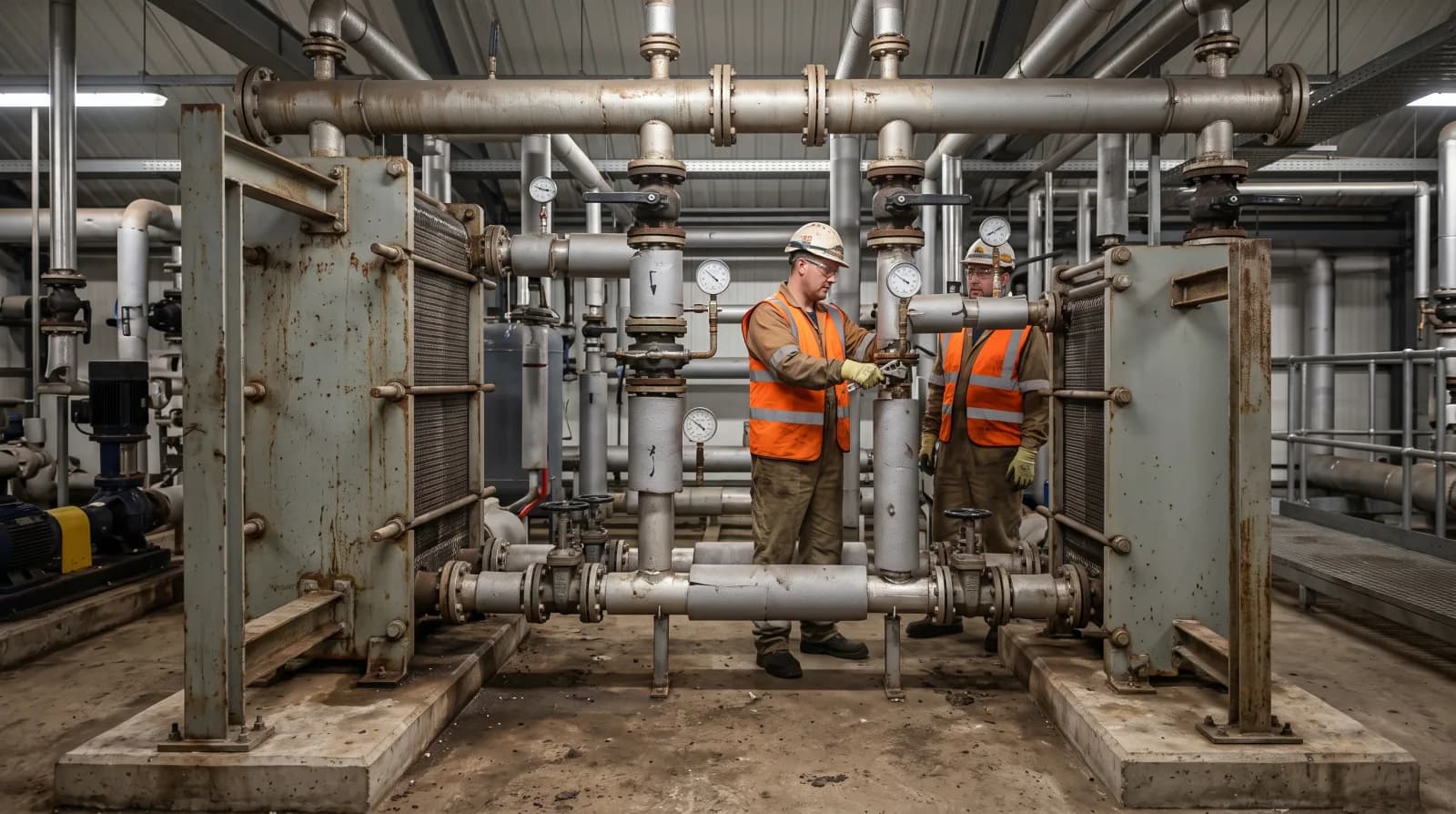 Two engineers in high visibility vests taking readings from gauges on the pipework between a pair of plate heat exchangers in a plant room