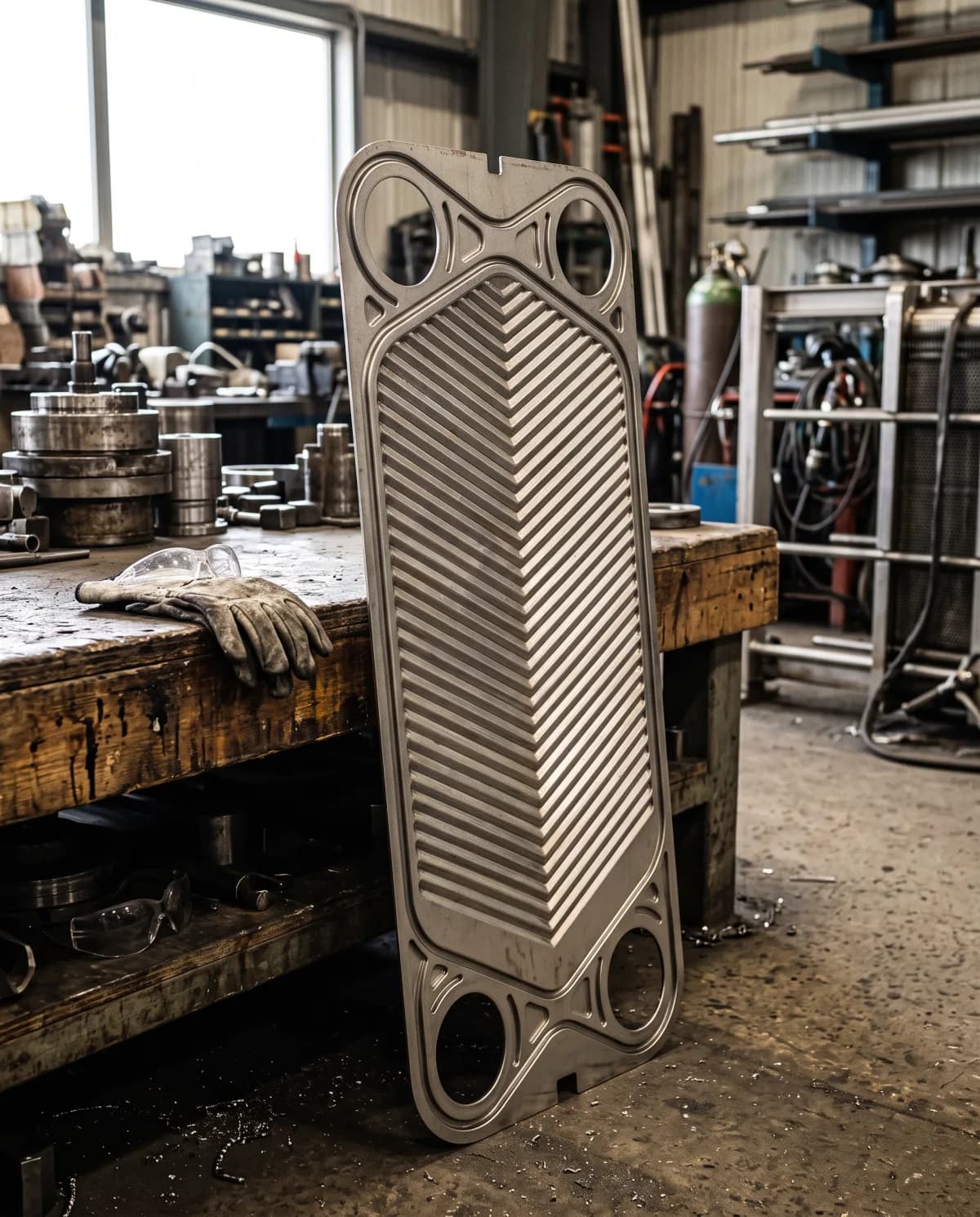 A single stainless steel heat exchanger plate stood upright against a workbench, its herringbone pressing and corner ports clearly visible